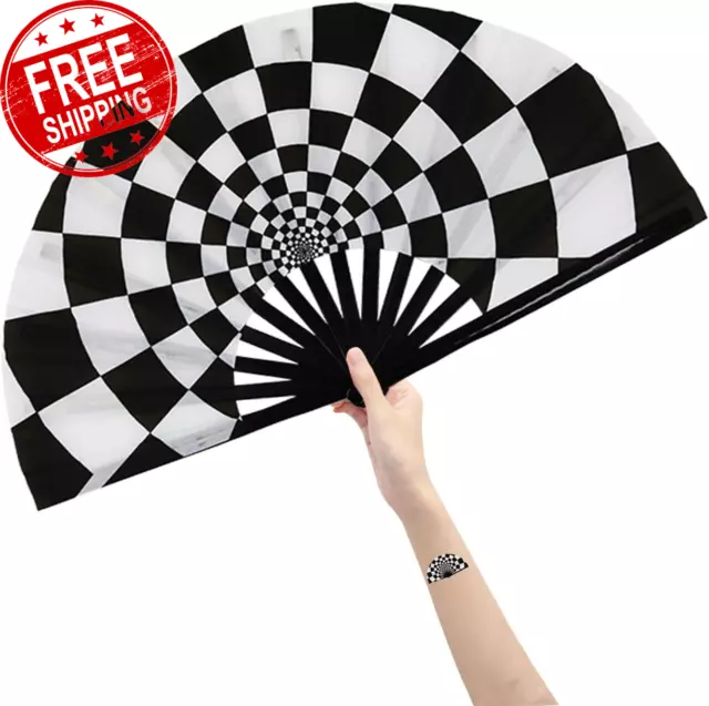 Large Folding Hand Rave Fan for Women/Men, Chinease/Japanese Bamboo and Nylon-Cl