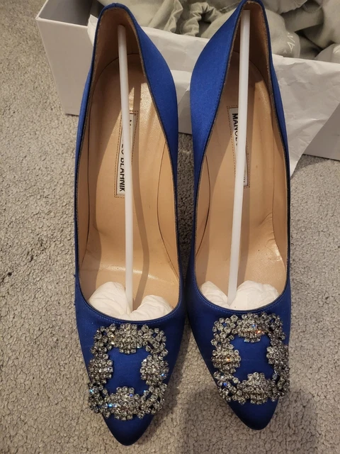 MANOLO BLAHNIK HANGISI Pumps 105 Royal Blue Silk Satin Heels 