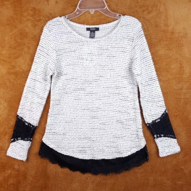 ALFANI Womens Sweater Petite XS Gray Pullover Knit Black Lace Scalloped Hem