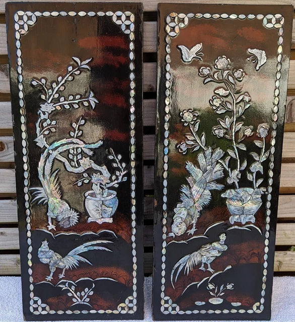 Vintage Asian Oriental Mother Of Pearl Black Lacquer Wall Art Plaque Panels  X 2 £100.00 - Picclick Uk