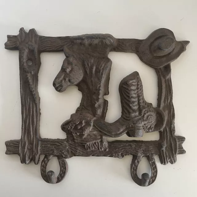 Cast Iron Wall Mount Coat Key Hooks Rustic Western Painted Brown Horse Boot Hat