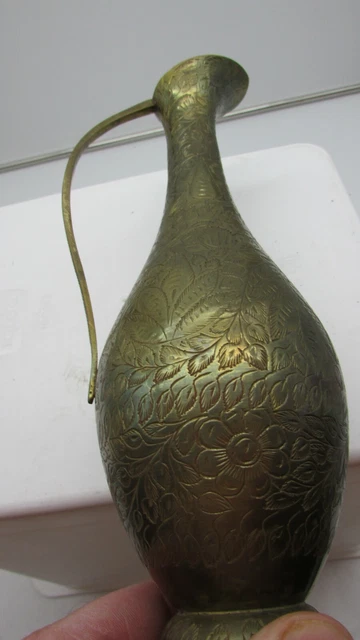 Solid Brass Vase Pitcher Etched Design Flowers 10-3/4" Tall Vtg Made In India