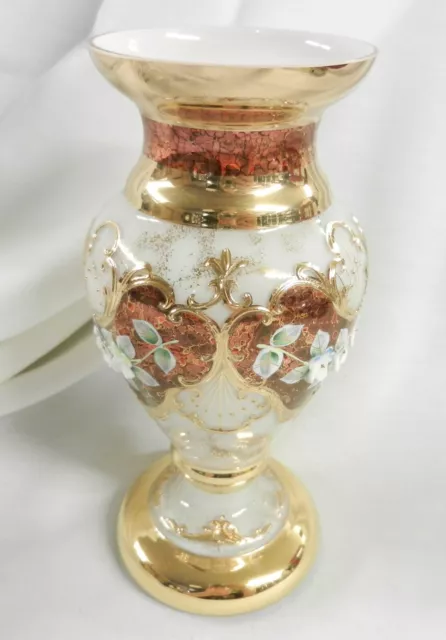 BOHEMIAN CZECH 24CT Gold Iridescent Glass Vase Enameled Floral Signed 618/800