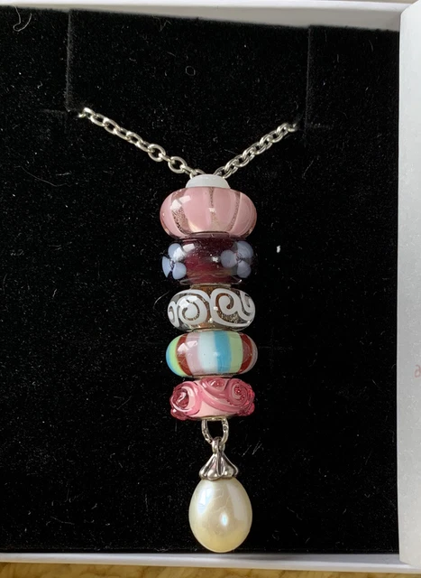 Authentic Trollbead Sterling Silver 28” Fantasy Pearl Necklace W/5 Glass Beads