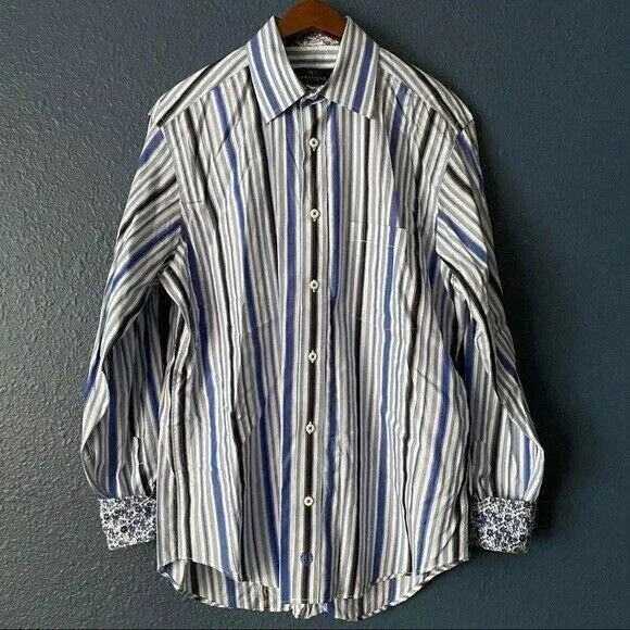 Bugatchi Uomo Contrast Cuff Button Up Shirt Men's Size Medium Striped Cotton