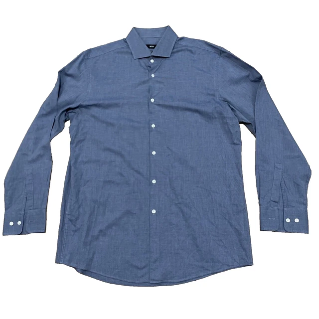 Hugo Boss Sharp Fit Shirt L Men 17 Neck 34/35 Blue micro Check Designer Clean L