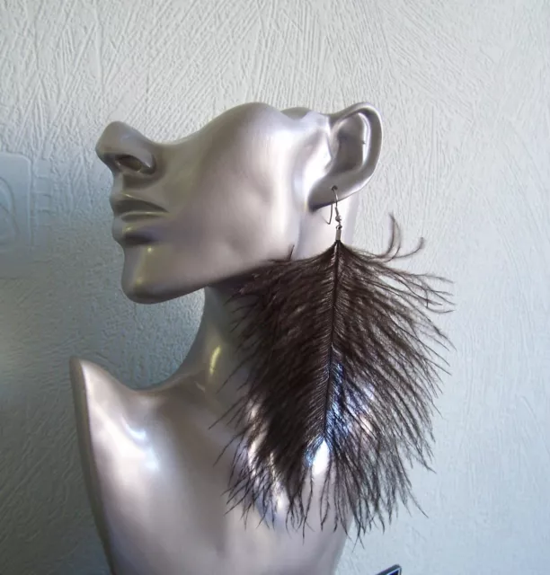 Brown feather earrings - clip-on - ostrich, long, lush, BIG!