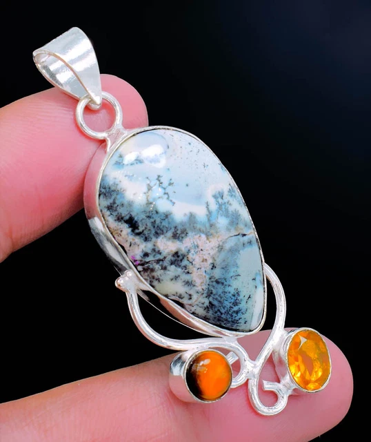 925 Sterling Silver Dendrite Opal ,Tiger'S Eye Gemstone Jewelry Pendant Sz-2.20"