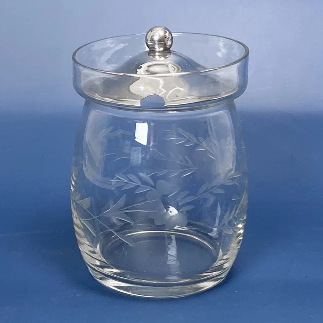 Vintage Etched Crystal Jam / Mustard Jar with Sterling Silver Lid