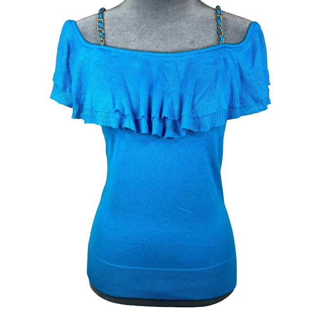 Cache Womens XS Blue Ruffle Top Off the Shoulder Sleeves Chain Straps Banded Hem