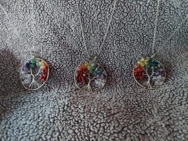 Pendant Necklace Natural Gemstone Tree of Life 7 Chakra Healing Crystal Charm