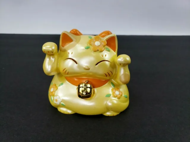 Lucky Cat Coin Bank Yellow Orange with Flowers  made in Vietnam