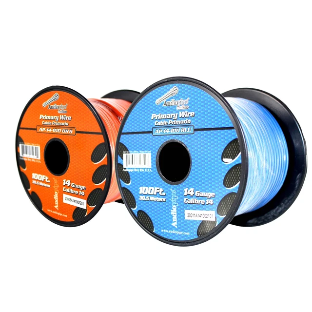 Bote de cable remoto de alimentación a tierra primaria Audiopipe (2) 14ga 100 ft CCA azul/naranja