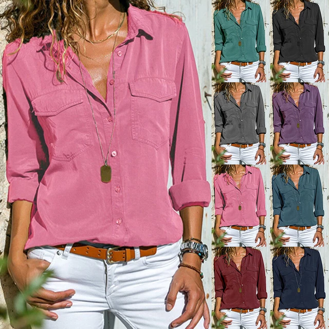 Women Turn Down Collar V Neck Solid T-Shirt Ladies Casual Loose Long Sleeve Tops