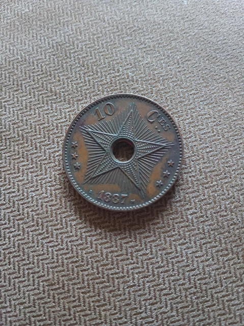 1887 Copper Coin Two Centimes Congo Free State or Belgian Congo Central Hole UNC