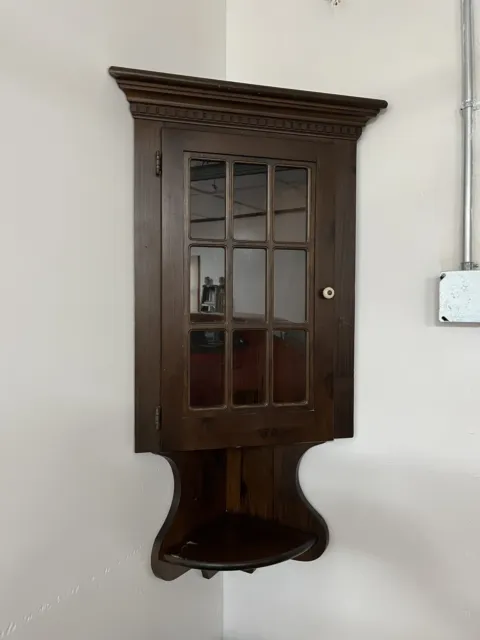 Vintage Wooden Corner Display Cabinet Case Glass Shelf Door Wall Mounted