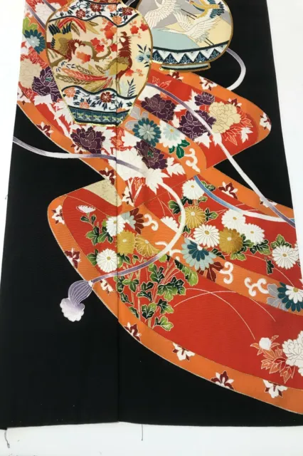 @@Japanese vintage kimono/ tomesode black silk fabric/ flower vase A26 5