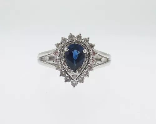 Fine Jewelry Natural Pear Blue Sapphire Diamonds Solid 18k White Gold Halo Ring