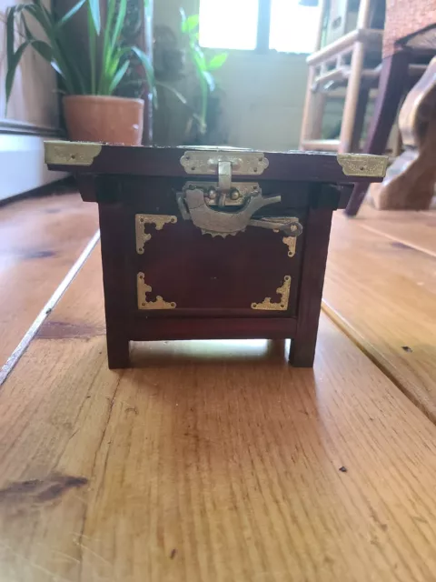 Vintage Chinese Rosewood Money Box with Brass Fish/Dragon Lock and Key.
