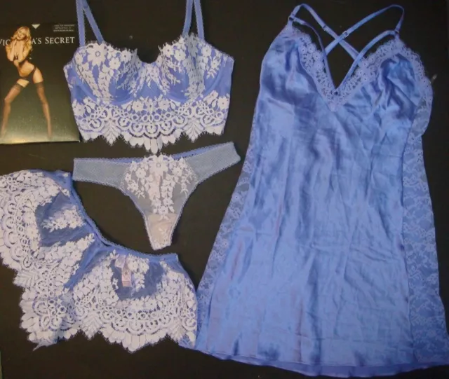 Victoria's Secret Langleine 34C Bh Set + S Shorts + Slip Lila Kokos Weiße Spitze