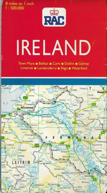 RAC Ireland Map 1989 Belfast Cork Dublin Galway Limerick Londonderry Vintage Old