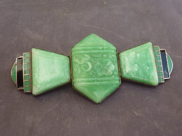 Broche En OR 18K Blanc Et JADE JADEITE Verte - Époque Années 1930, Très Bon état
