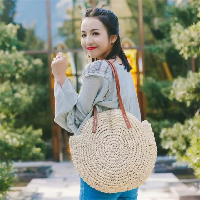 Round Straw  Bag Vintage Handmade Woven  Raffia circle  Bohemian  Vacation