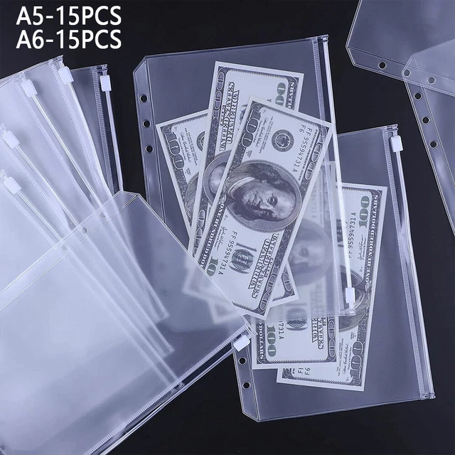 15PCS 6 HOLES Plastic Binder Pouch Folders with Zipper for File A5 A6