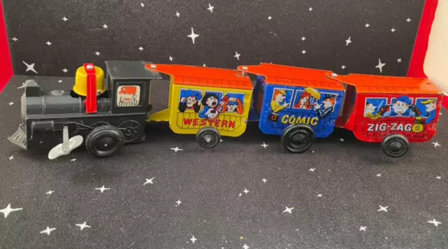 Vintage Tin Wind-Up Train Western Zigzag Comic Express  MTU - Works