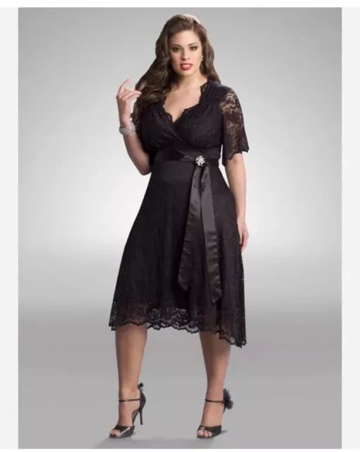 Kiyonna Women Black Lace Sleeve Sweetheart Neckline Midi Dress Size 18-20