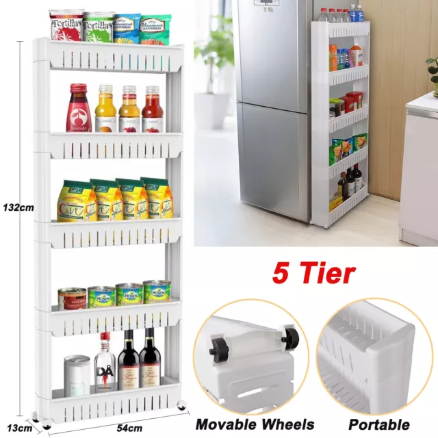 5 Tier Slim Slide Out Kitchen Trolley Cart Organizer Tower Storage Rack Wheels