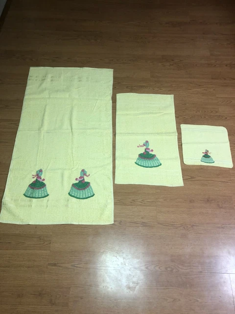 3 pc towel set hand embroidered bright yellow w Victorian lady  towels unused
