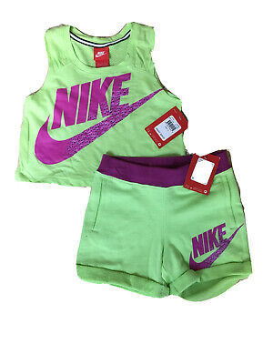 NEW NIKE Girls 2PC Set Key Lime Crop Top with Matching Cuffed Shorts SZS 4,6,6X