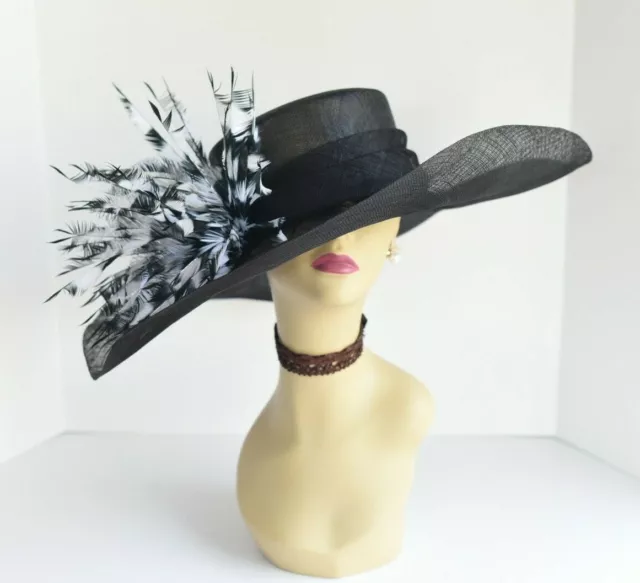 M57(Black/White)Kentucky Derby Church Wedding Royal Ascot Wide Brim Sinamay Hat