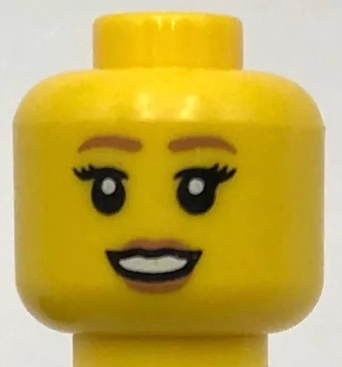 Lego New Yellow Minifigure Head Female Brown Eyebrows Brown Lips Open Smile Part