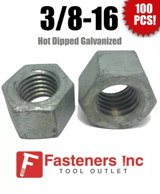 (Qty 100) 3/8-16 Low Carbon Grade 2 Finished Hex Nuts Hot Dipped Galvanized