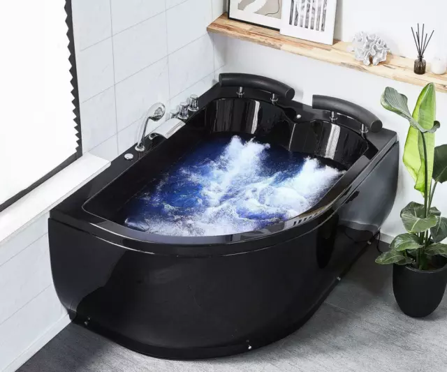 XXL Luxus Whirlpool Badewanne schwarz Doppelwanne mit Massage LED große Eckwanne