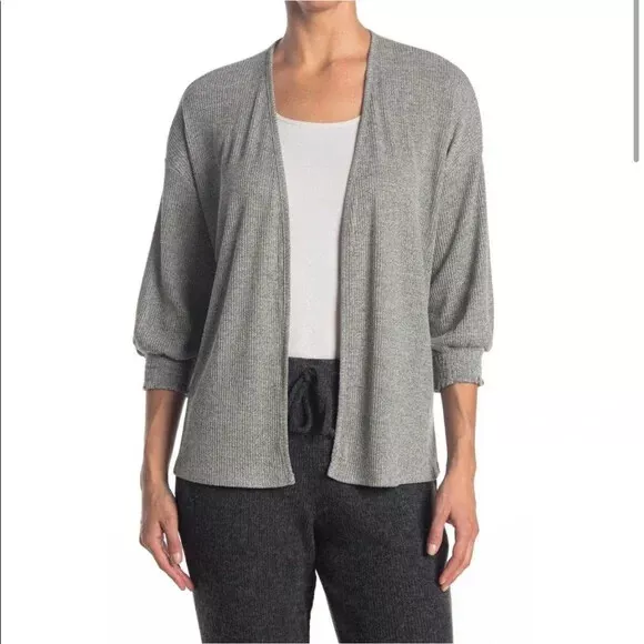 Eclair Ribbed Hacci Knit Cardigan Sweater Womens S Open Front 3/4 Sleeve Grey