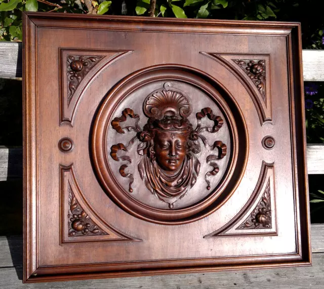 19thC Antique French Carved Walnut NeoClassical Figural Maiden Panel