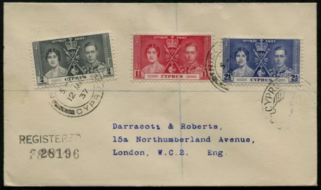 Cyprus - 1937 Coronation Set  on REGISTERED FDC  - SG 148/50 [C0626]
