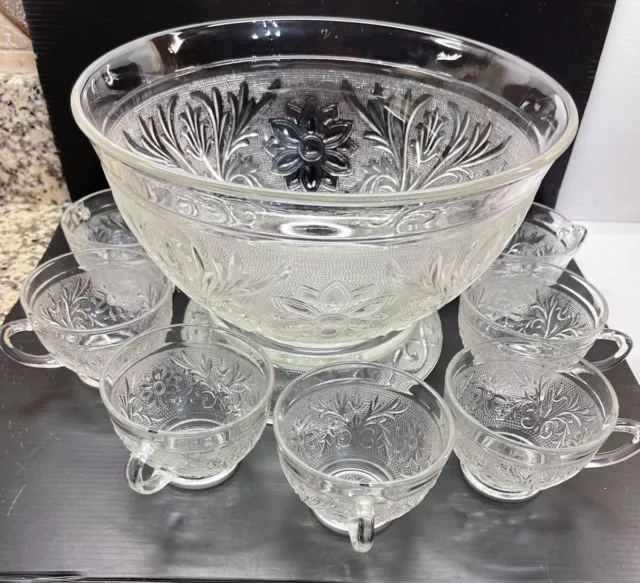 Anchor Hocking Glass Clear Sandwich Punch Bowl & 9 Cups & Base 11 Piece Set Exc