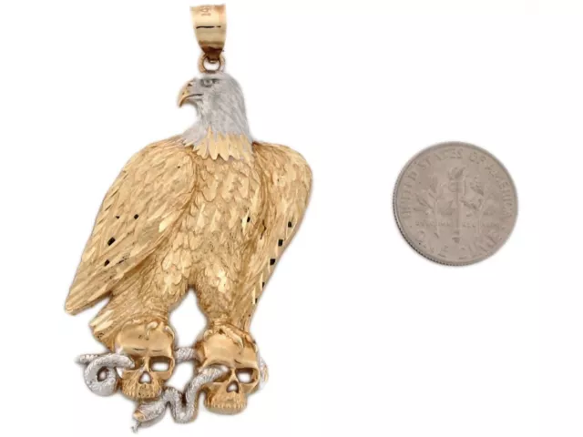 10k or 14k Two Tone Real Gold Eagle Skull Snake Diamond Cut Big Charm Pendant 2