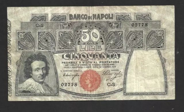 50 Lire Very Fine Banknote From  Italy/Napoli 1909  Pick-S856   Rare