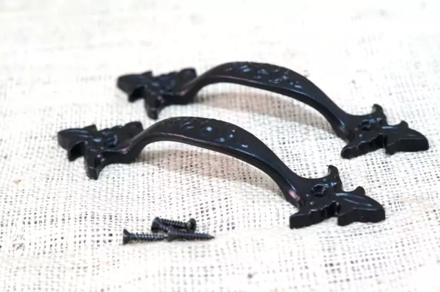 2 Cast Iron Handles Gate Pull Shed Door Barn Handle Drawer Pulls Durable Black