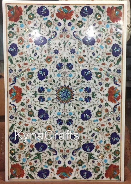 42x60 Inches Dining Table Top Inlaid with Floral Design White Marble Sofa Table