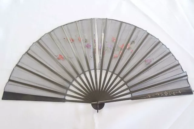 Antique Victorian Fan Carved Ebony Black Gauze Hand Painted Flowers Ladies c1890