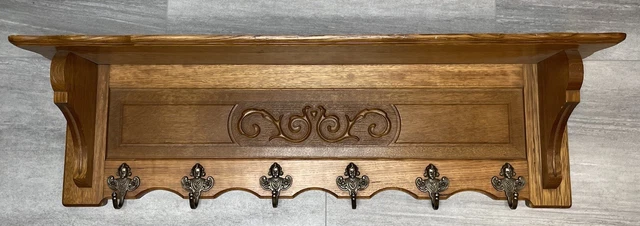 Antique Carved Oak Coat Hanger Wall Mount Shelf With Brass Hooks & Details