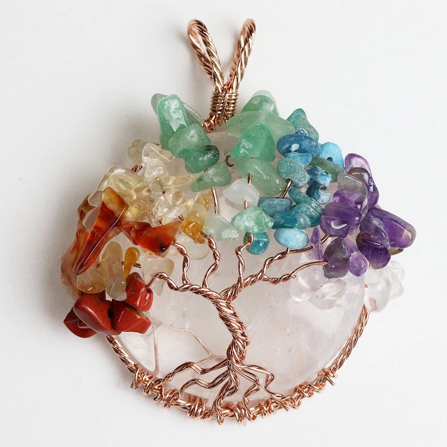Natural Crystal Quartz Pendant Tree of life Wire Wrapped Chakra Healing Amulet