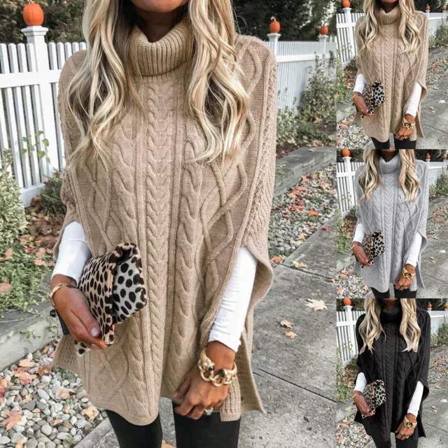 New Womens Ladies Cable Knitted Knitwear Wrap Polo Neck Poncho Jumper Cape Shawl