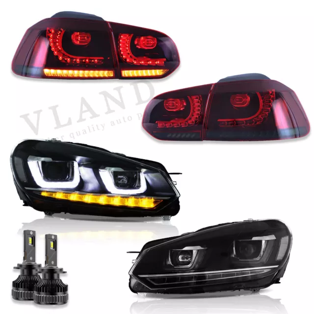 VLAND 2Sets LED Headlights+Smoked Tail Lights For 2010-2014 Volkswagen Golf MK6